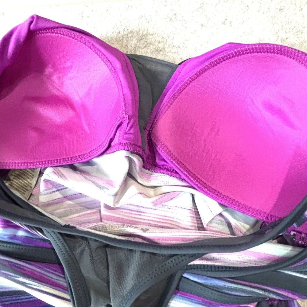 Free Country Women's Striped Zip Racerback Tankini Swim Top Purple Size M 8-10 - Picture 5 of 9